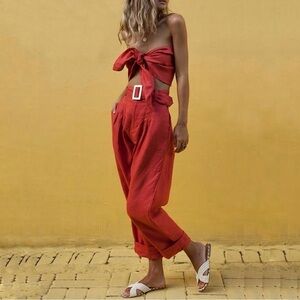 NWT Posse The Label Gemini Linen Pant Pleated High Waist Belted Trouser Melon XS